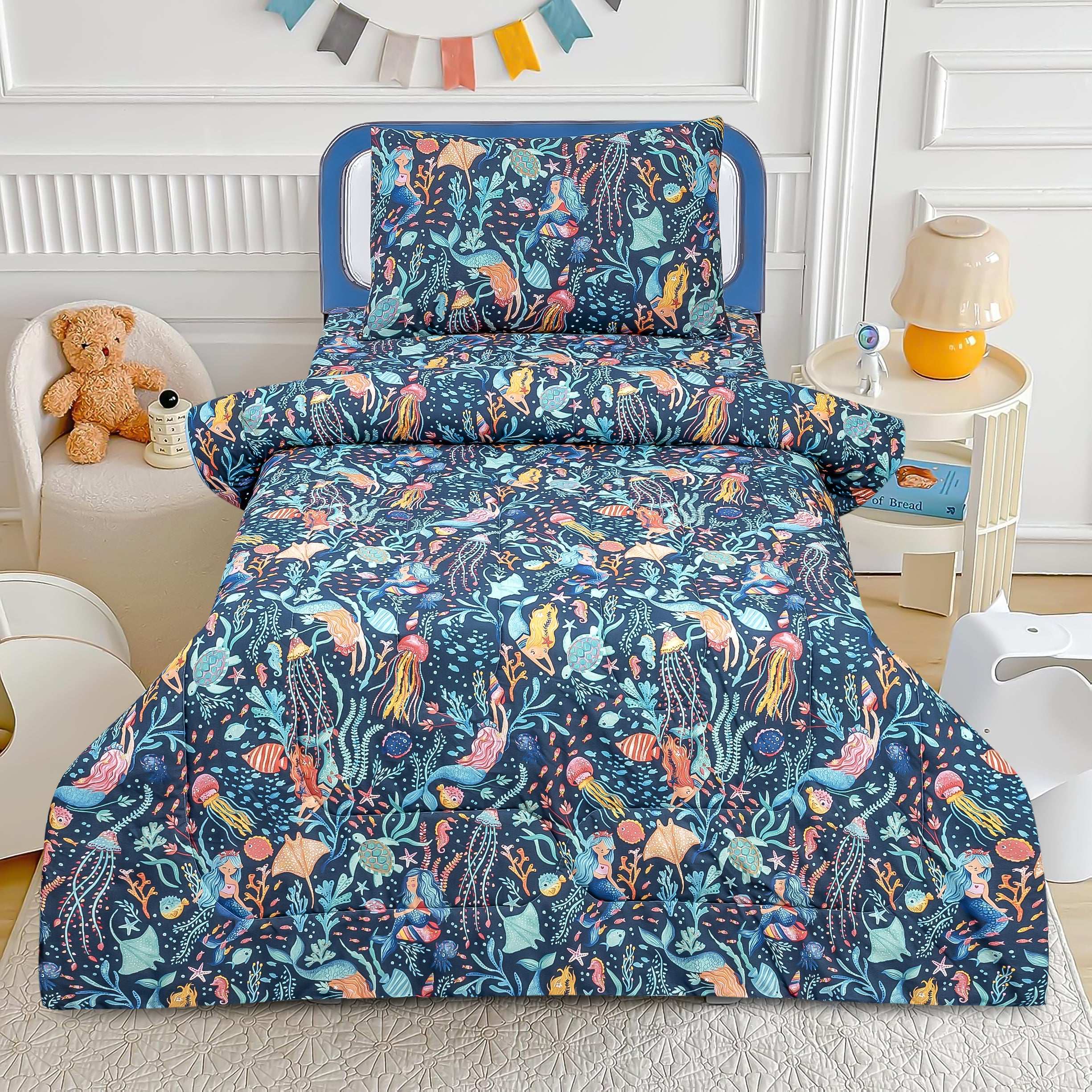 Colorful Sea Creatures Bedding Set for Kids Cotton Sheet Comforter Pillow by Alezam