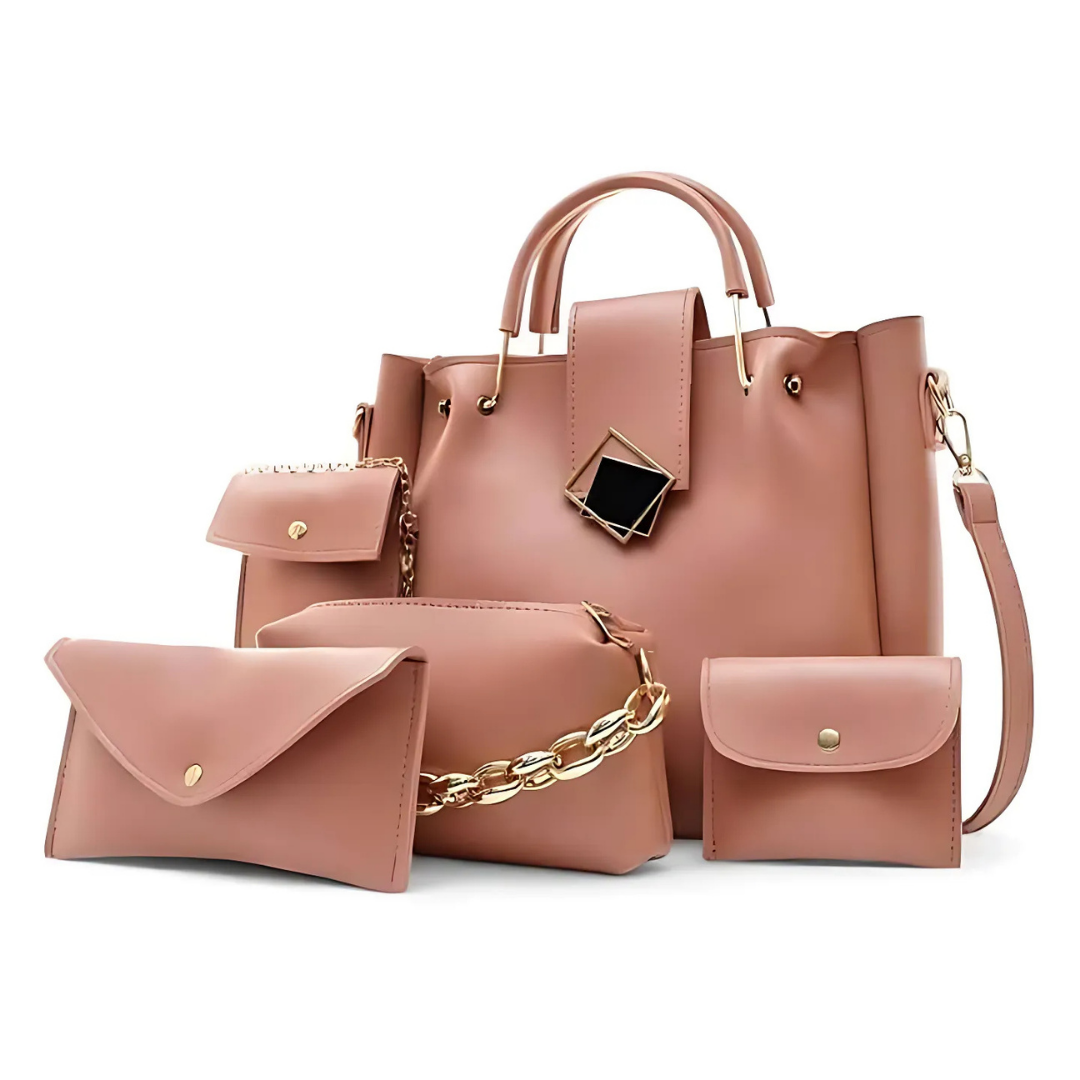 Women's 5 Pcs Rexine Plain Handbag Set in Black – Stylish and Functional Design