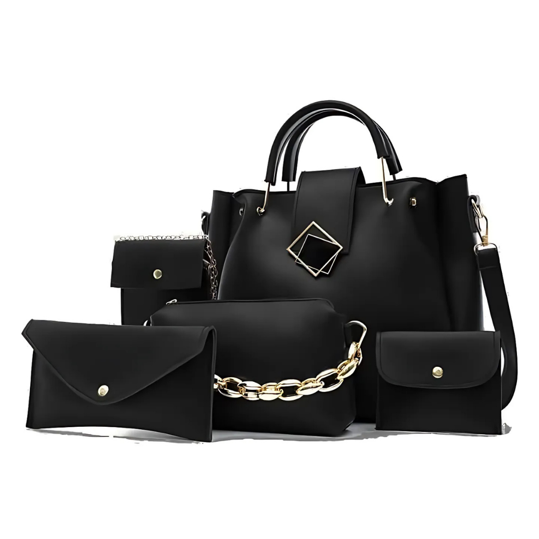 Women's 5 Pcs Rexine Plain Handbag Set in Black – Stylish and Functional Design