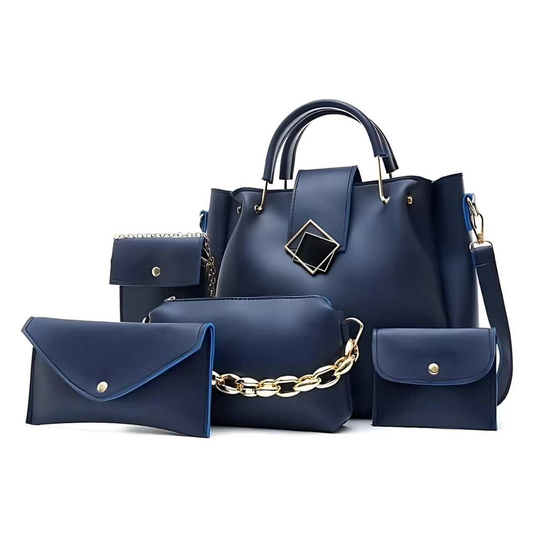 Women's 5 Pcs Rexine Plain Handbag Set in Black – Stylish and Functional Design