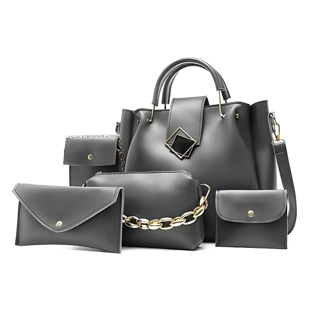 Women's 5 Pcs Rexine Plain Handbag Set in Black – Stylish and Functional Design