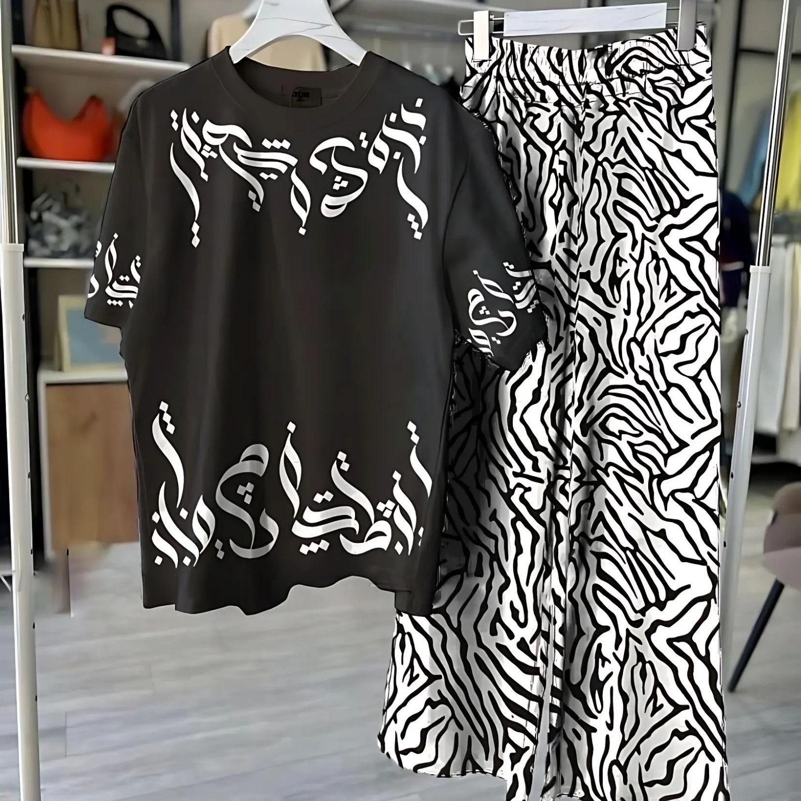 Black Arabic Calligraphy Shirt with Zebra Print Trousers – 2 Piece