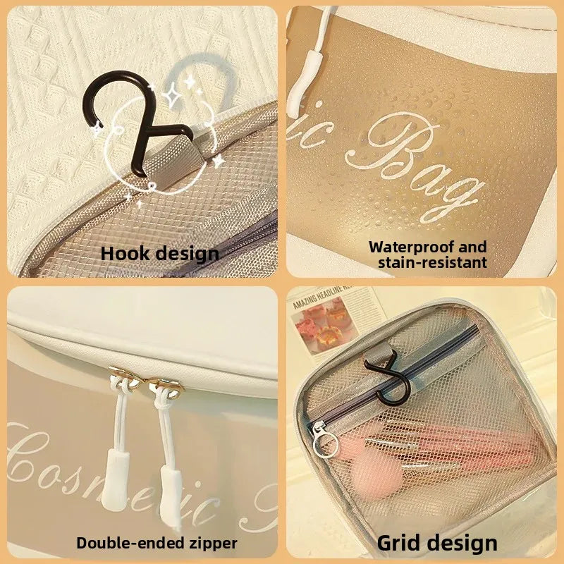 Title: Elegant White Cosmetic Bag with Handle & Zipper Closure
