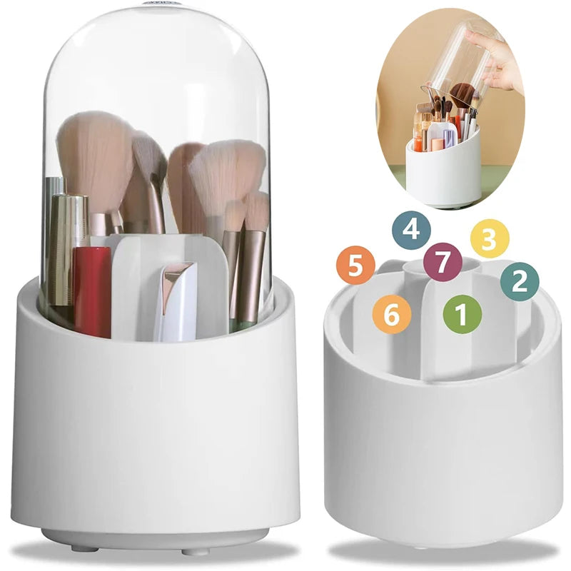360 Rotating Makeup Brush Organizer with Dustproof and Transparent Cover