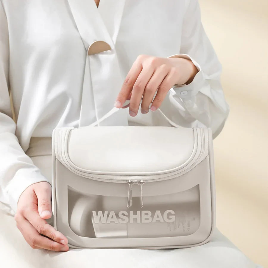 Title: Elegant White Cosmetic Bag with Handle & Zipper Closure
