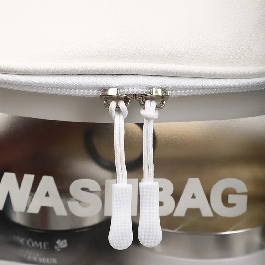 Title: Elegant White Cosmetic Bag with Handle & Zipper Closure