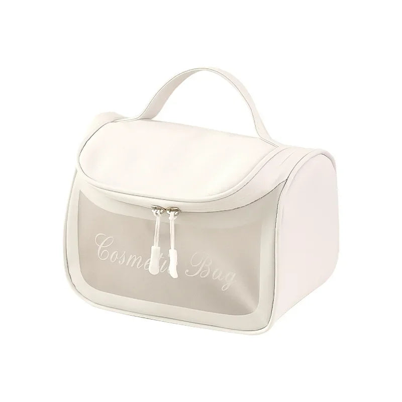 Title: Elegant White Cosmetic Bag with Handle & Zipper Closure