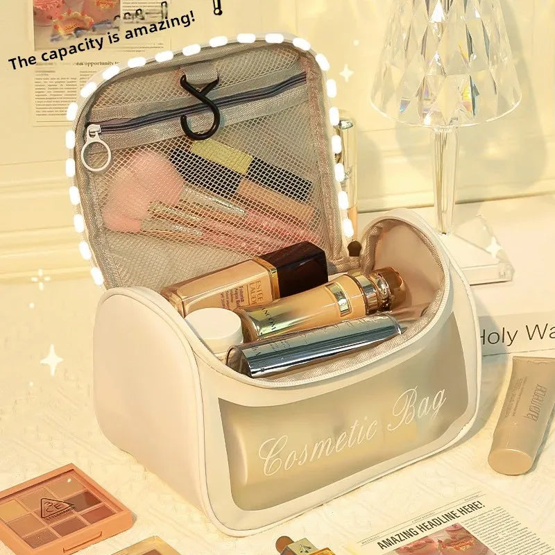 Title: Elegant White Cosmetic Bag with Handle & Zipper Closure