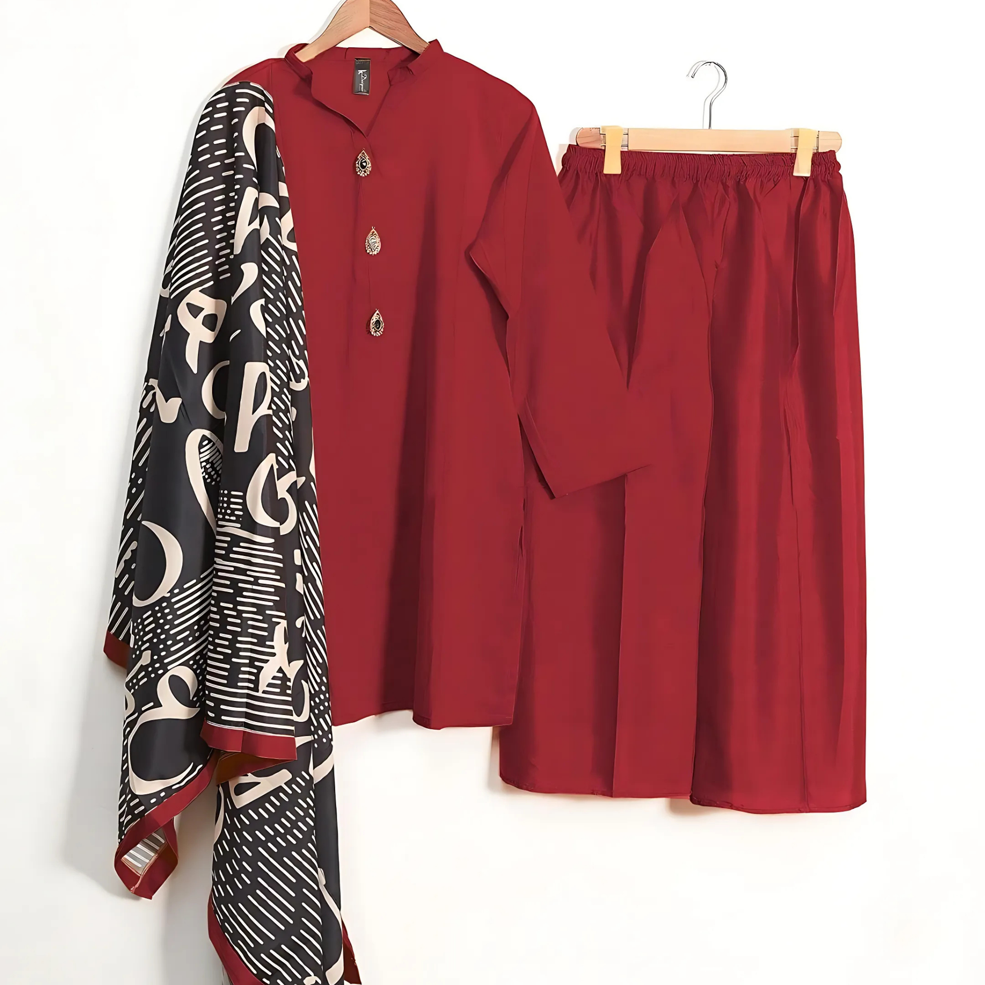 Stitched 3 Piece Grip Suit for Women – Plain Shirt and Trouser with Printed Calligraphy Dupatta