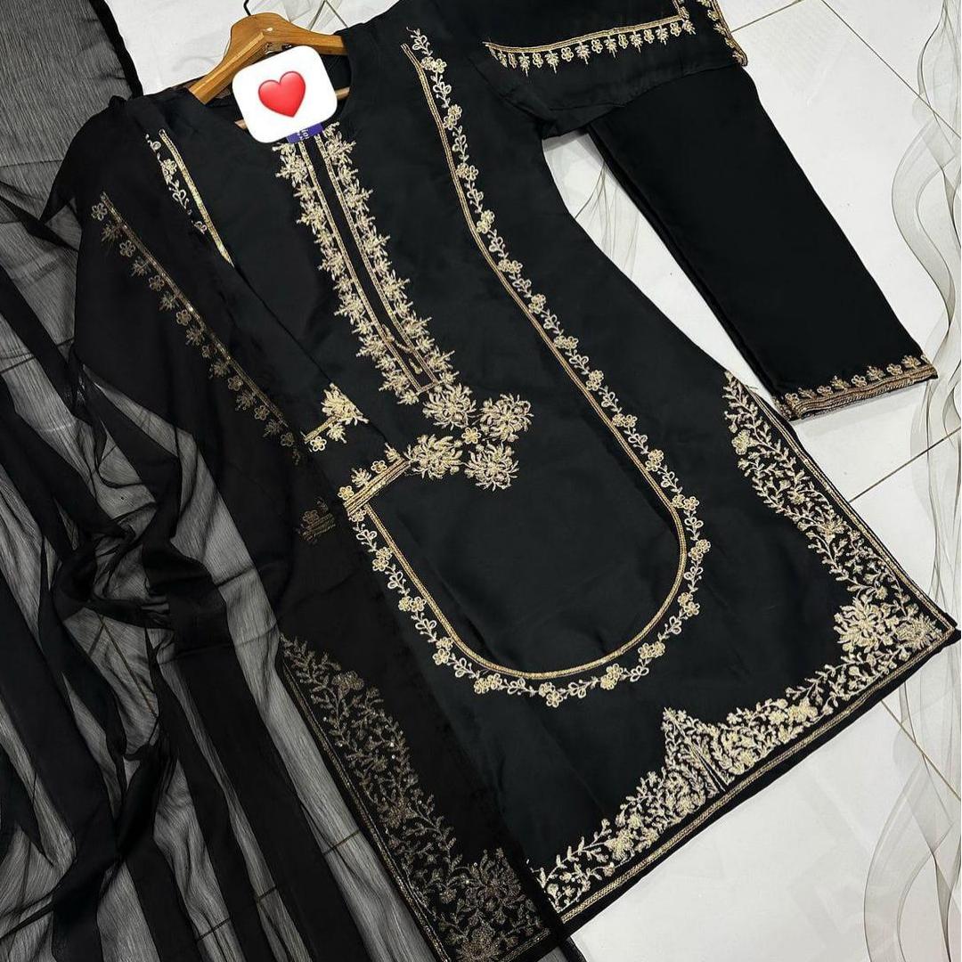 3PC Stitched Women’s Black Embroided Set – Black Sequins Dress with Dupatta