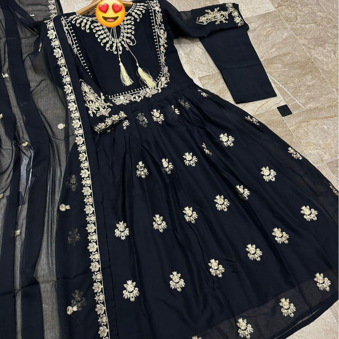 3-Piece Stitched Black Chiffon Maxi Suit – Embroidered with Dupatta