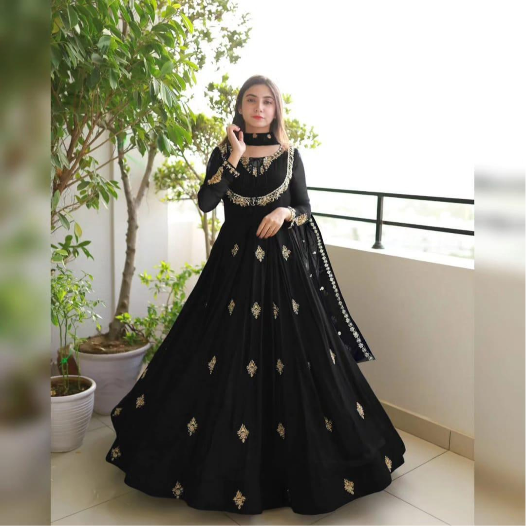3-Piece Stitched Black Chiffon Maxi Suit – Embroidered with Dupatta